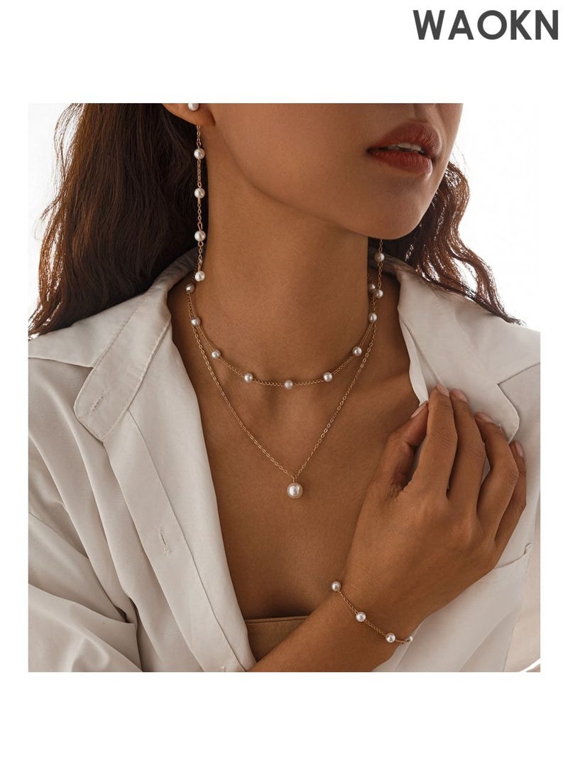 WAOKN 3pcs Pearl Necklace, Earrings & Bracelet Set - 14K Gold Plated Pearl Jewelry - Adjustable Choker , Drop Earrings - Dainty Wedding Jewellery Set , Fashionable and versatile, suitable for dating and shopping , unisex , gold . - Image 4